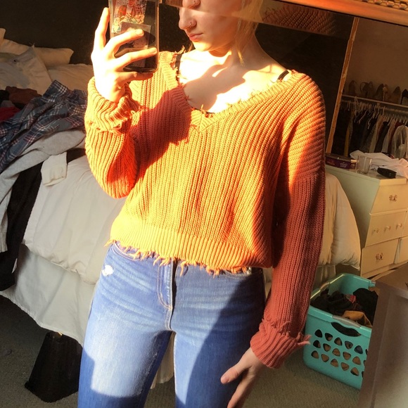 Orange distressed cropped shirt - Picture 2 of 4
